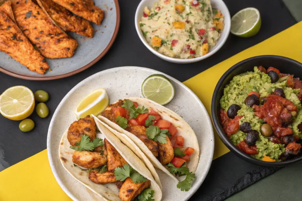 Two chicken tacos topped with tomatoes and cilantro are presented alongside grilled chicken strips, mashed potatoes, and guacamole with olives.