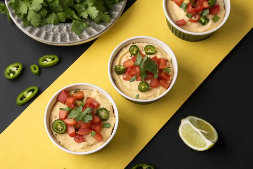 Three taco dip ideas small bowls of hummus are topped with chopped tomatoes, jalapeños, and cilantro.