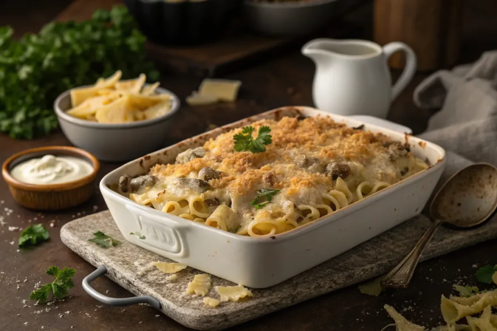 A creamy pasta bake topped with breadcrumbs sits in a white casserole dish.