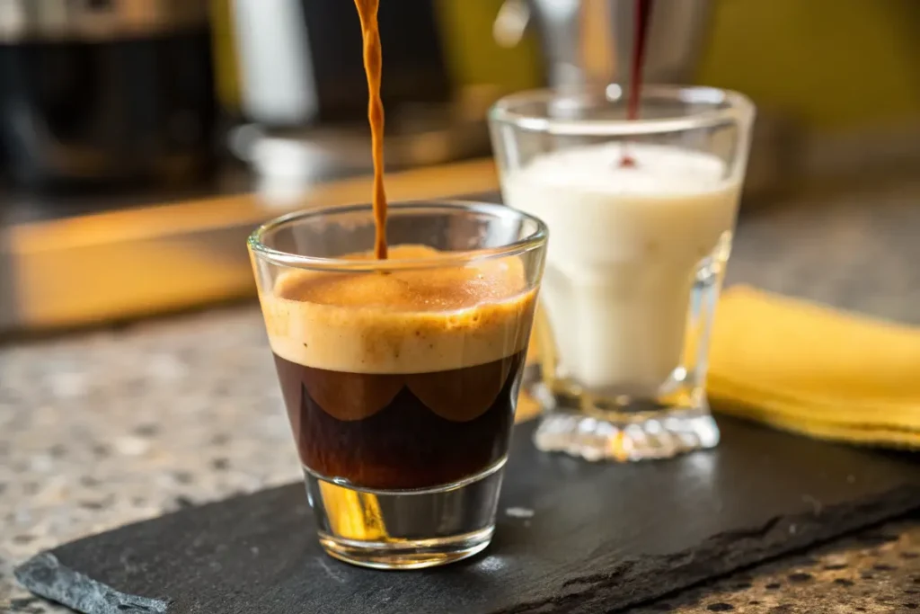 Espresso is being poured into a small glass with a second glass of milk -What makes macchiato strong Macchiato vs. latte strength