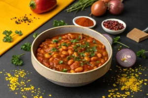 A bowl of hearty bean stew garnished with fresh parsley sits on a dark surface.