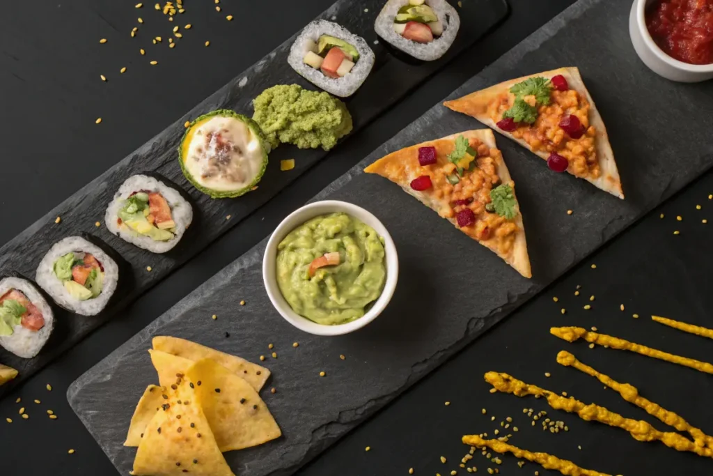 Sushi rolls, mini quesadillas, guacamole, and salsa are arranged on black slate platters.