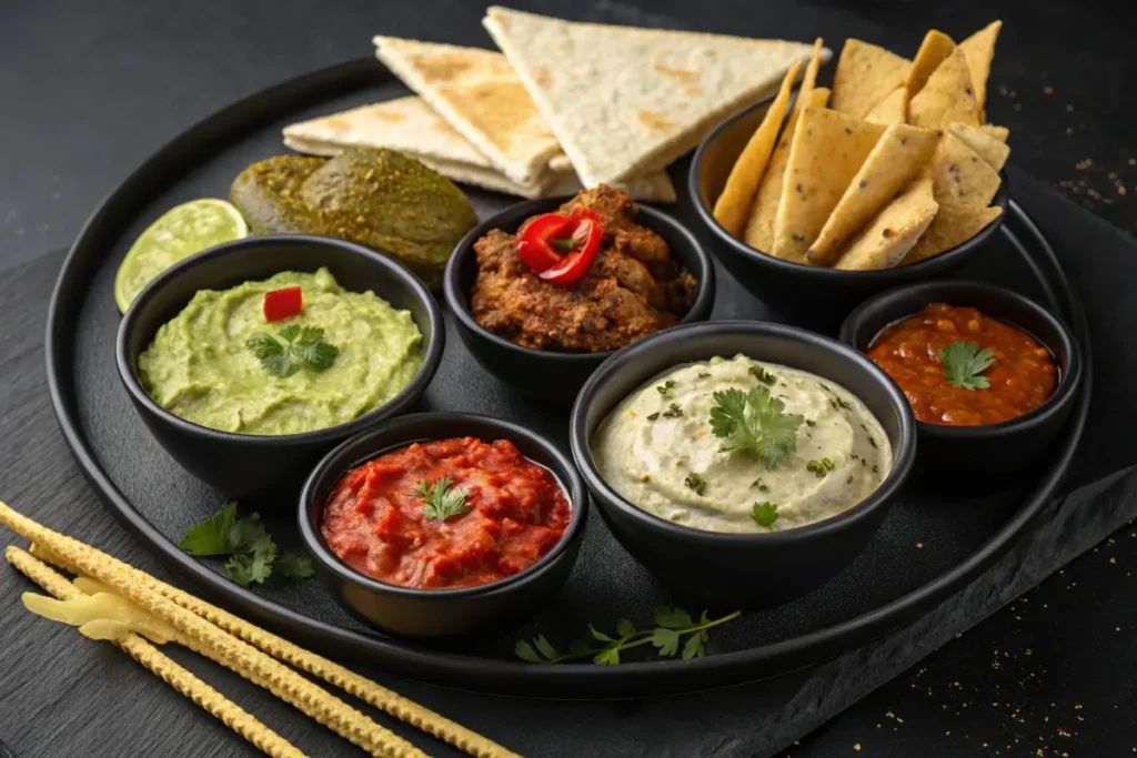 A platter of various dips, chips, flatbread, and grissini sticks.