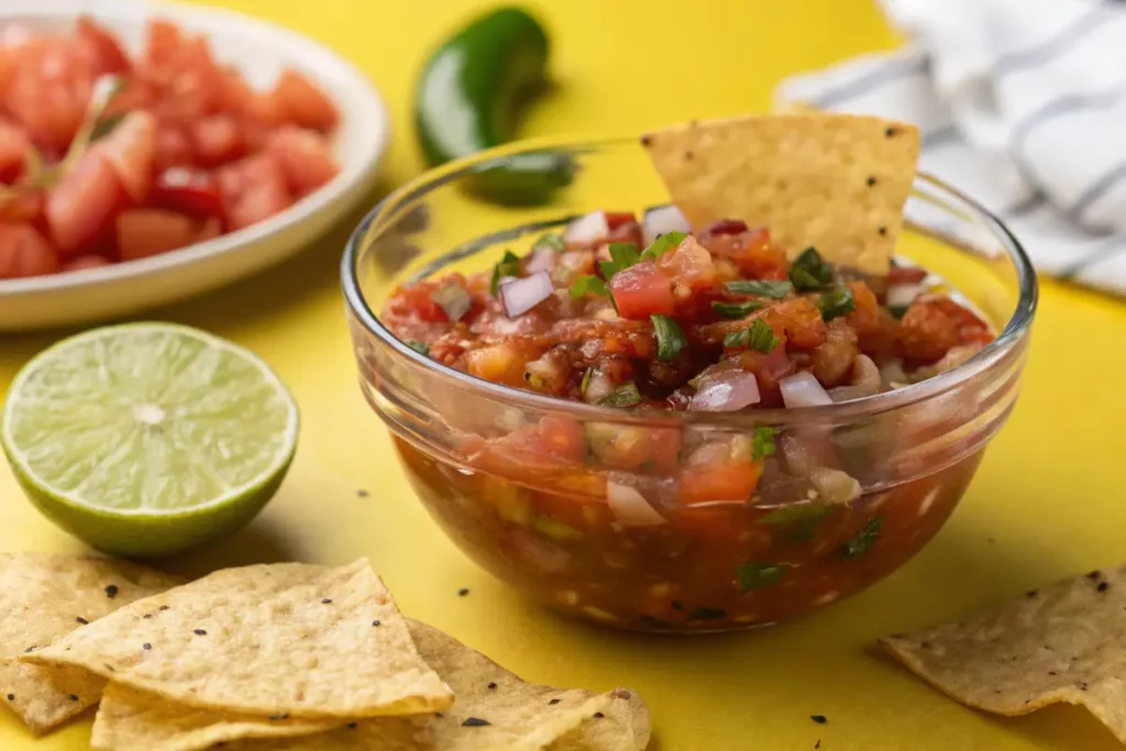 Best dips A glass bowl of fresh salsa sits on a yellow surface next to tortilla chips, diced tomatoes, and a lime wedge.