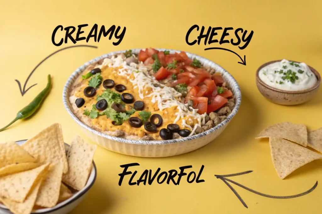 snacks Creamy dip recipe Cheese and salsa dip , cheesy dip is topped with various ingredients and served with tortilla chips and a side of sour cream.