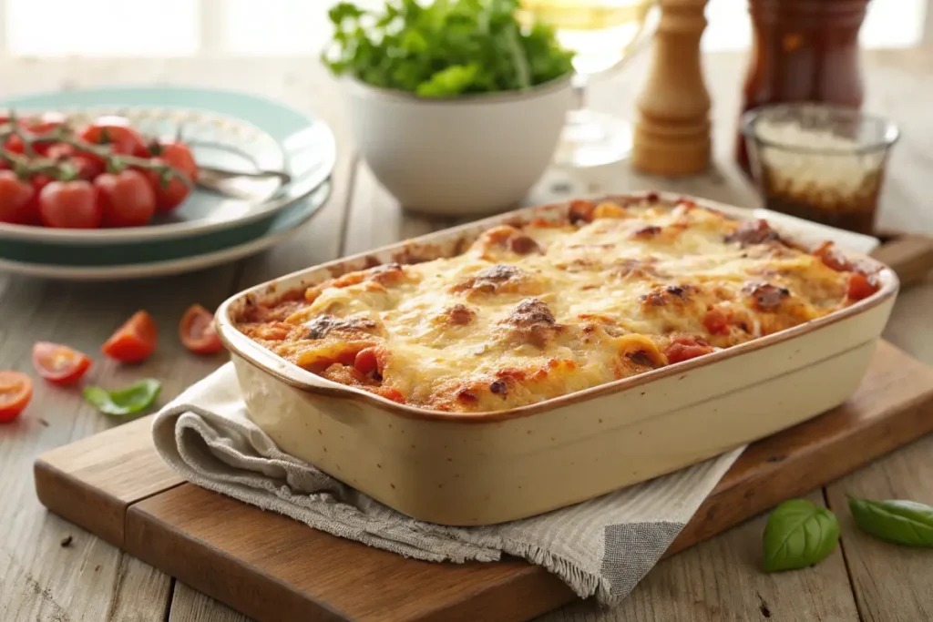 A bubbling, cheesy pasta bake sits in a cream-colored dish on a wooden board.