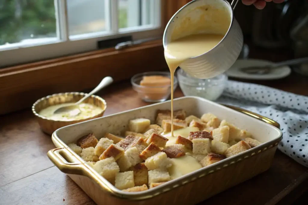 Creamy custard being poured over bread cubes in a baking dish.