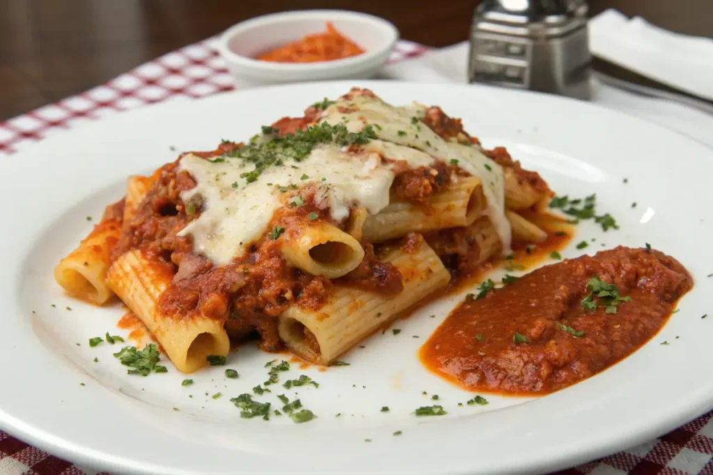 A plate of baked rigatoni pasta with meat sauce, melted mozzarella cheese, and a sprinkle of parsley.