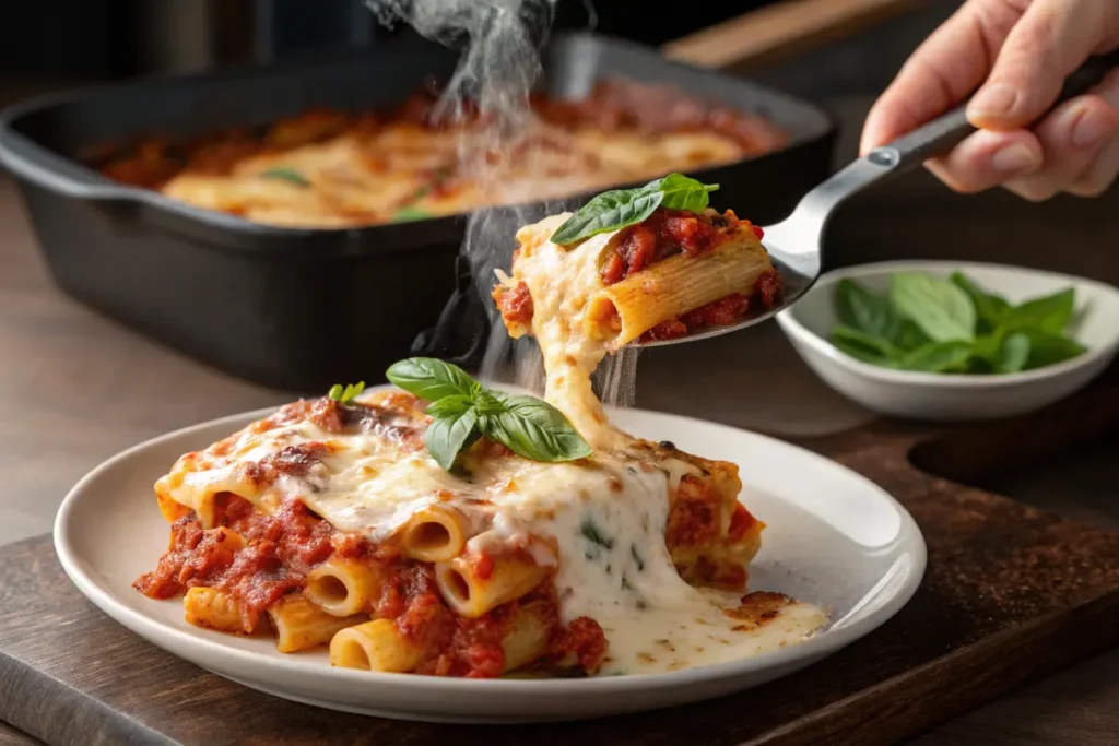 Steaming hot pasta bake with melted cheese and basil is served from a baking dish.