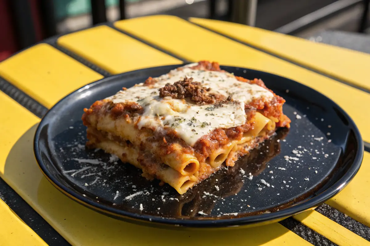 A square of baked pasta with meat sauce and melted cheese sits on a black plate.