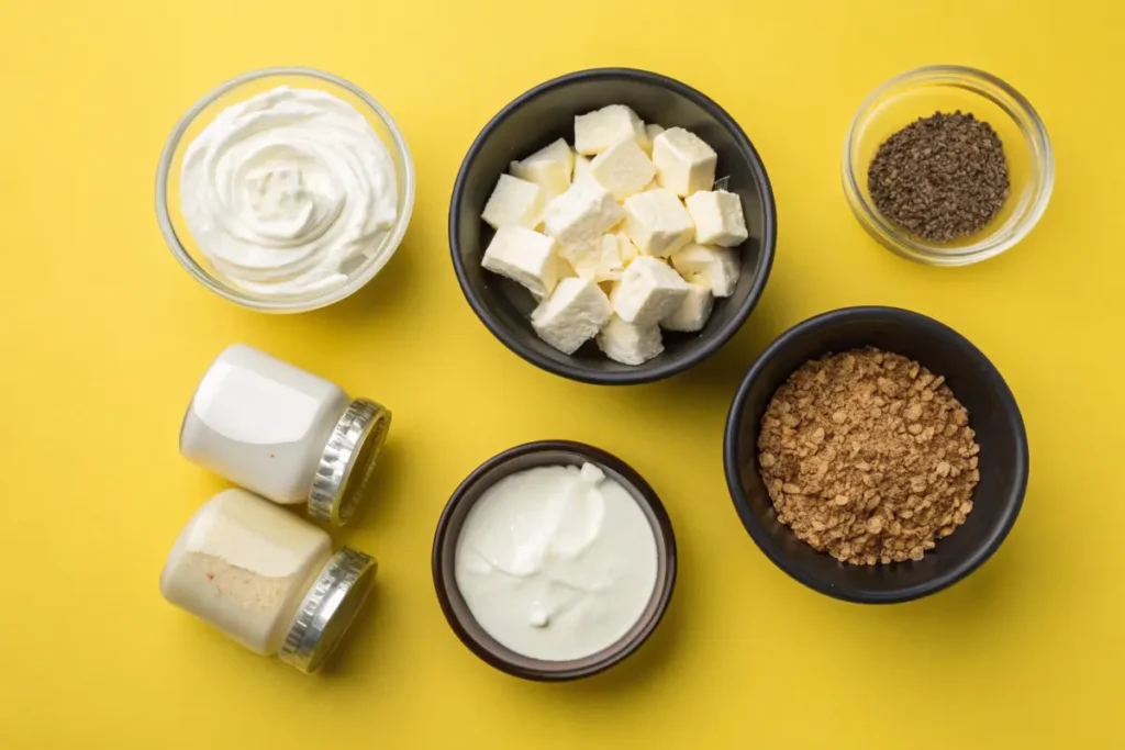 A variety of ingredients including paneer cheese, spices, and yogurt are displayed on a yellow background.