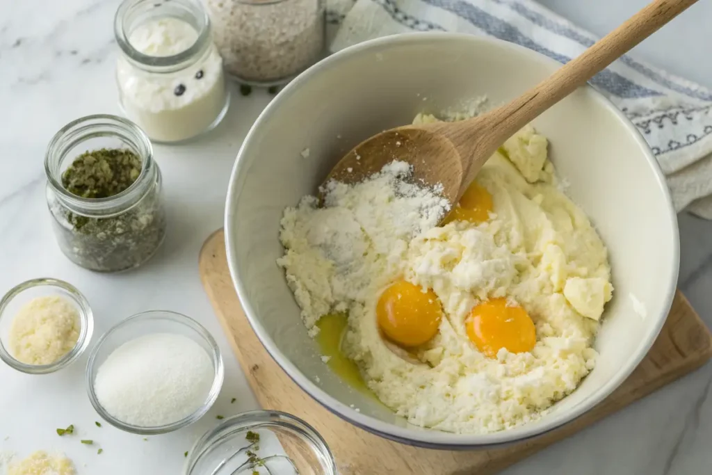 A bowl contains ricotta cheese, three egg yolks, and flour with a wooden spoon and various ingredients surrounding it.