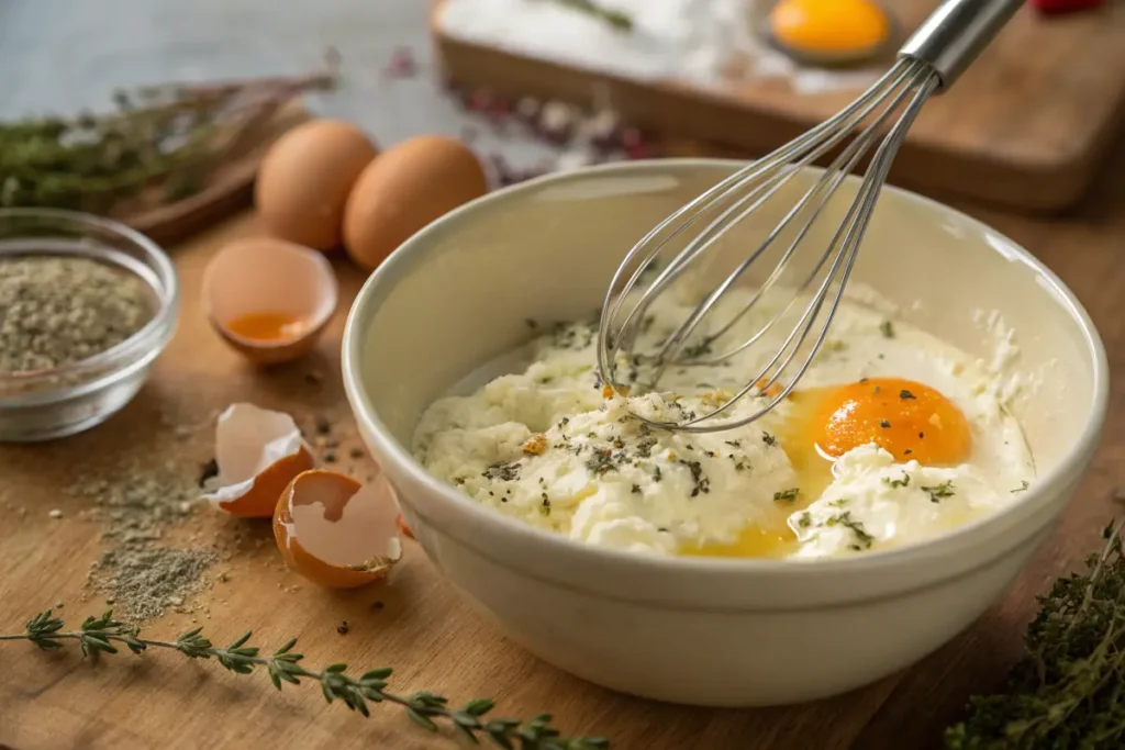 A whisk mixes ricotta cheese, egg yolk, and herbs in a bowl.