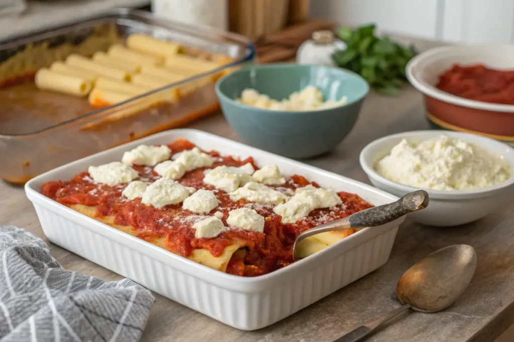 Cannelloni, topped with ricotta cheese and tomato sauce, sits in a white baking dish.