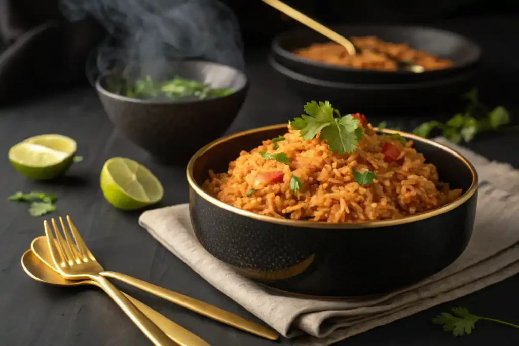 Luxurious Spanish rice in a gold-rimmed bowl with garnishes on a black background