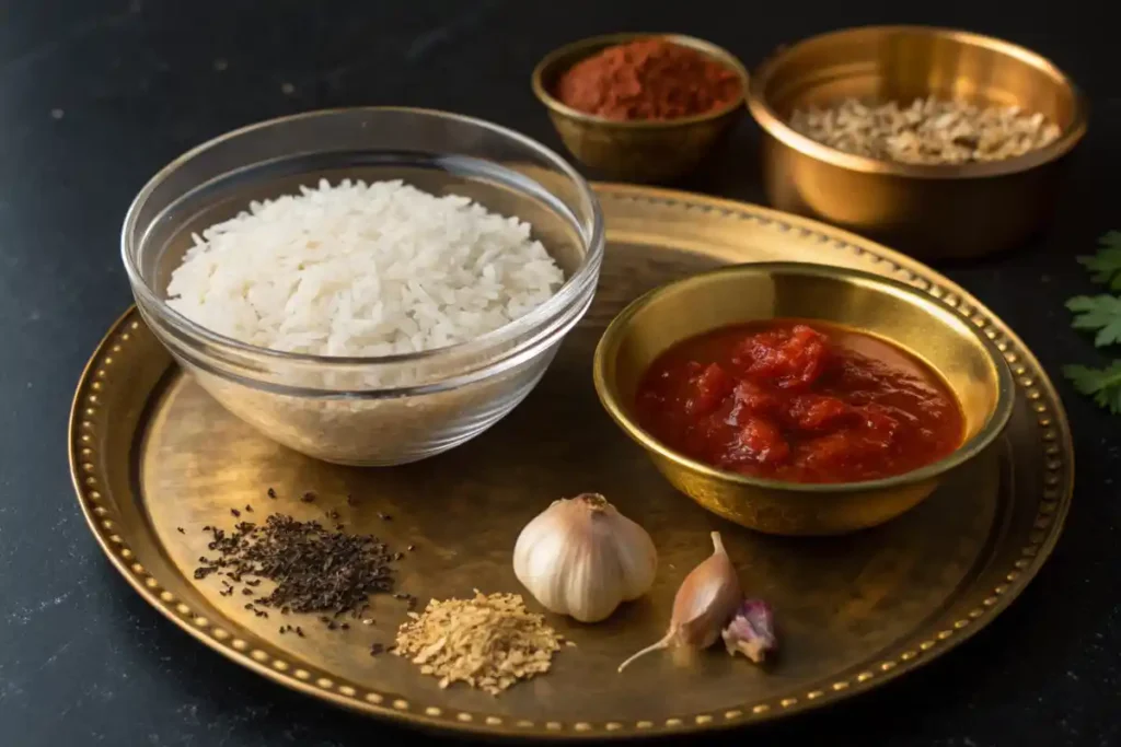 Spanish rice ingredients displayed on a black background with gold accents