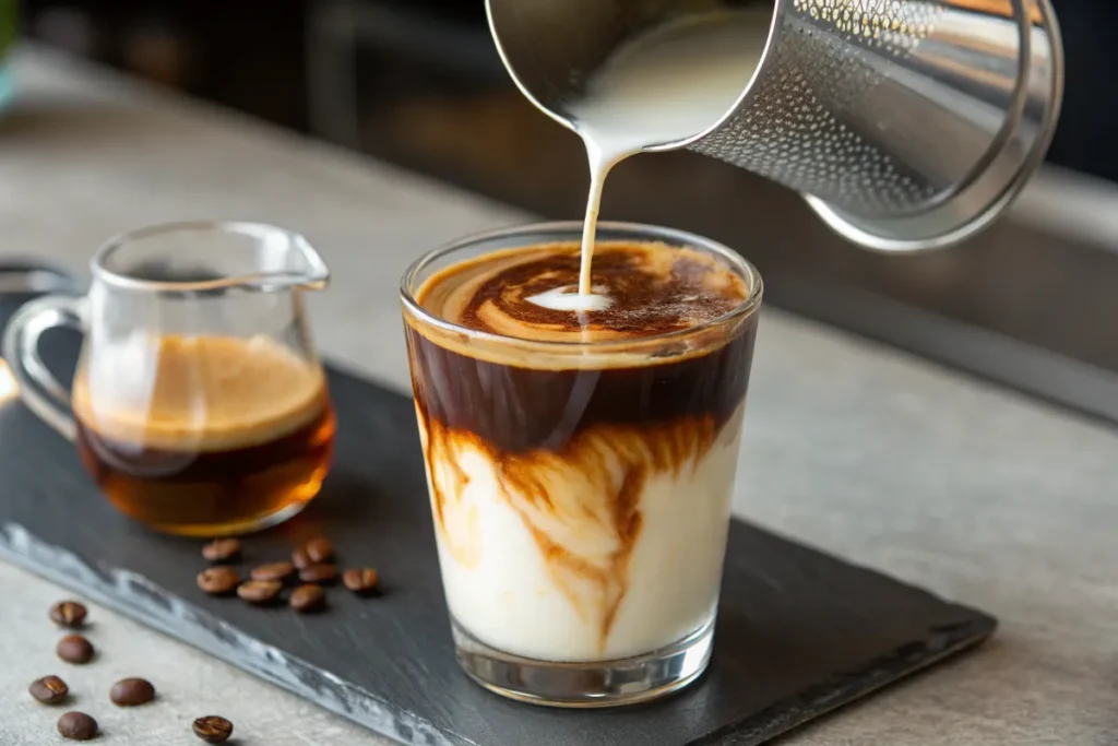 Milk is being poured into a glass of iced coffee.