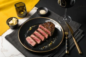 Sliced Delmonico Steak on a black and gold plate with a glass of red wine.