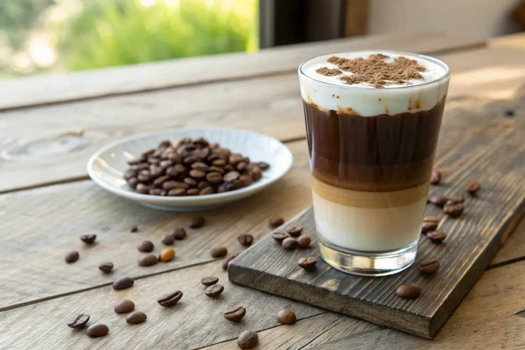 A layered coffee drink in a clear glass sits on a wooden board with coffee beans scattered around.