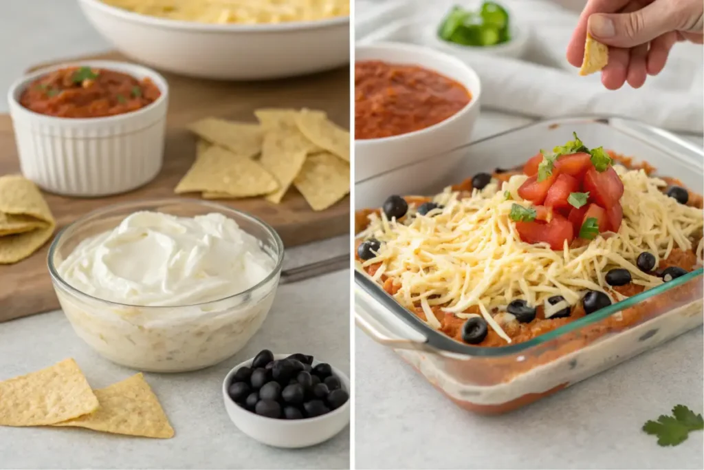 A seven-layer dip is prepared with various ingredients and toppings.