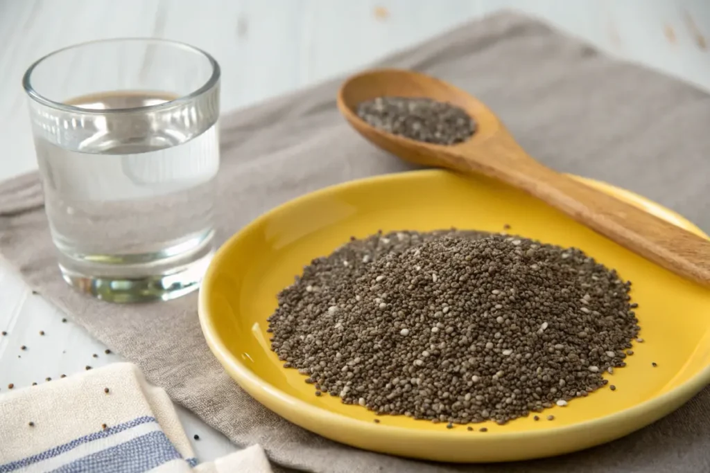 A pile of chia seeds on a yellow plate with a glass of water and a wooden spoon on the side