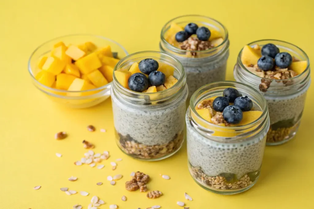 Three glass jars of chia pudding topped with mango, blueberries, and granola on a yellow background.