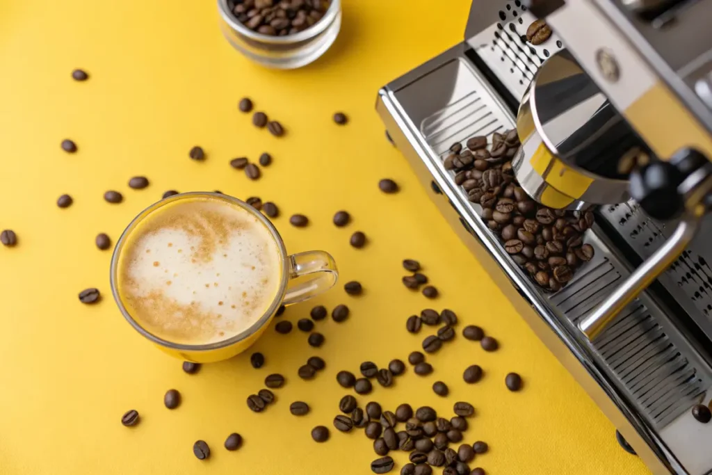 A cup of coffee, coffee beans, espresso strength macchiato , and an espresso machine sit on a yellow background.