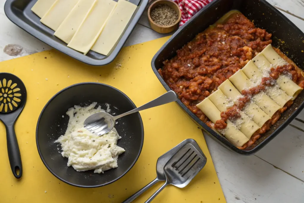 Cannelloni baked ziti. being prepared with ricotta, bolognese sauce, and cheese.