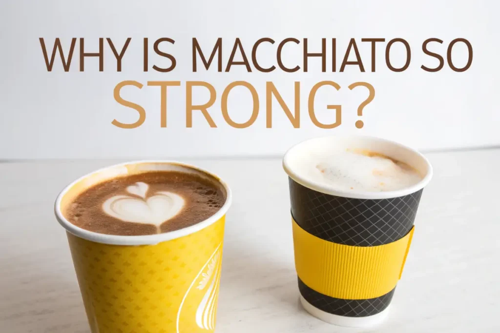 Why Is Macchiato So Strong?: Two disposable coffee cups sit side by side, one yellow with latte art and one black with a yellow band.