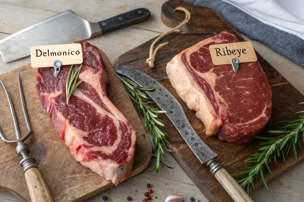 Two cuts of raw beef steak, Delmonico and Ribeye, are displayed on wooden cutting boards.