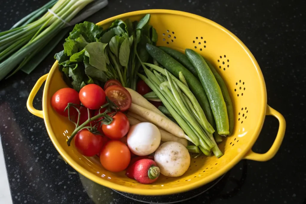 A yellow colander sits on a dark countertop, filled with fresh vegetables including tomatoes, okra, and green beans.