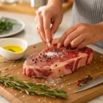 A chef seasons a raw ribeye steak with salt and pepper.