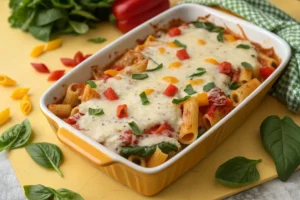 A cheesy baked pasta dish with spinach and red peppers is served in a yellow casserole dish.